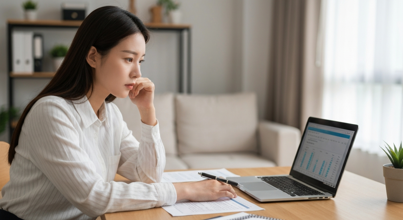 월세 부담을 느끼는 20대 한국 여성 청년이 노트북과 서류를 보며 고민하는 모습.