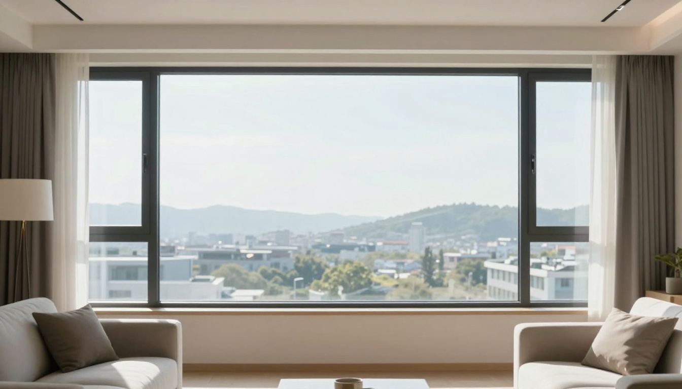 양쪽 창문이 활짝 열려 맞통풍이 되는 현대적인 한국 아파트 거실