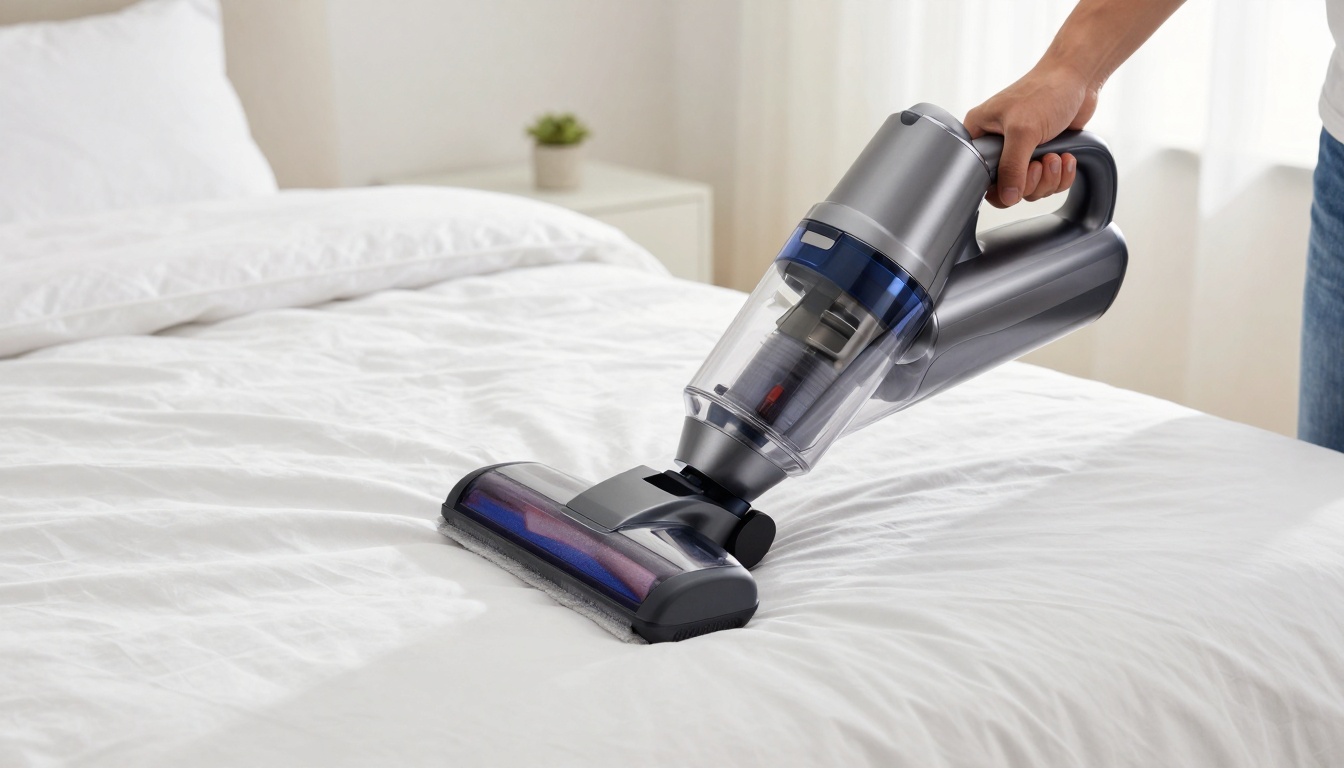 침구 청소기로 이불을 청소하는 모습