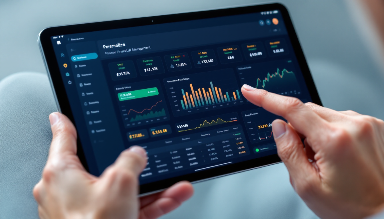 태블릿 화면에 개인화된 자산 관리 앱이 표시된 모습으로, 초개인화된 금융 플랫폼을 상징.