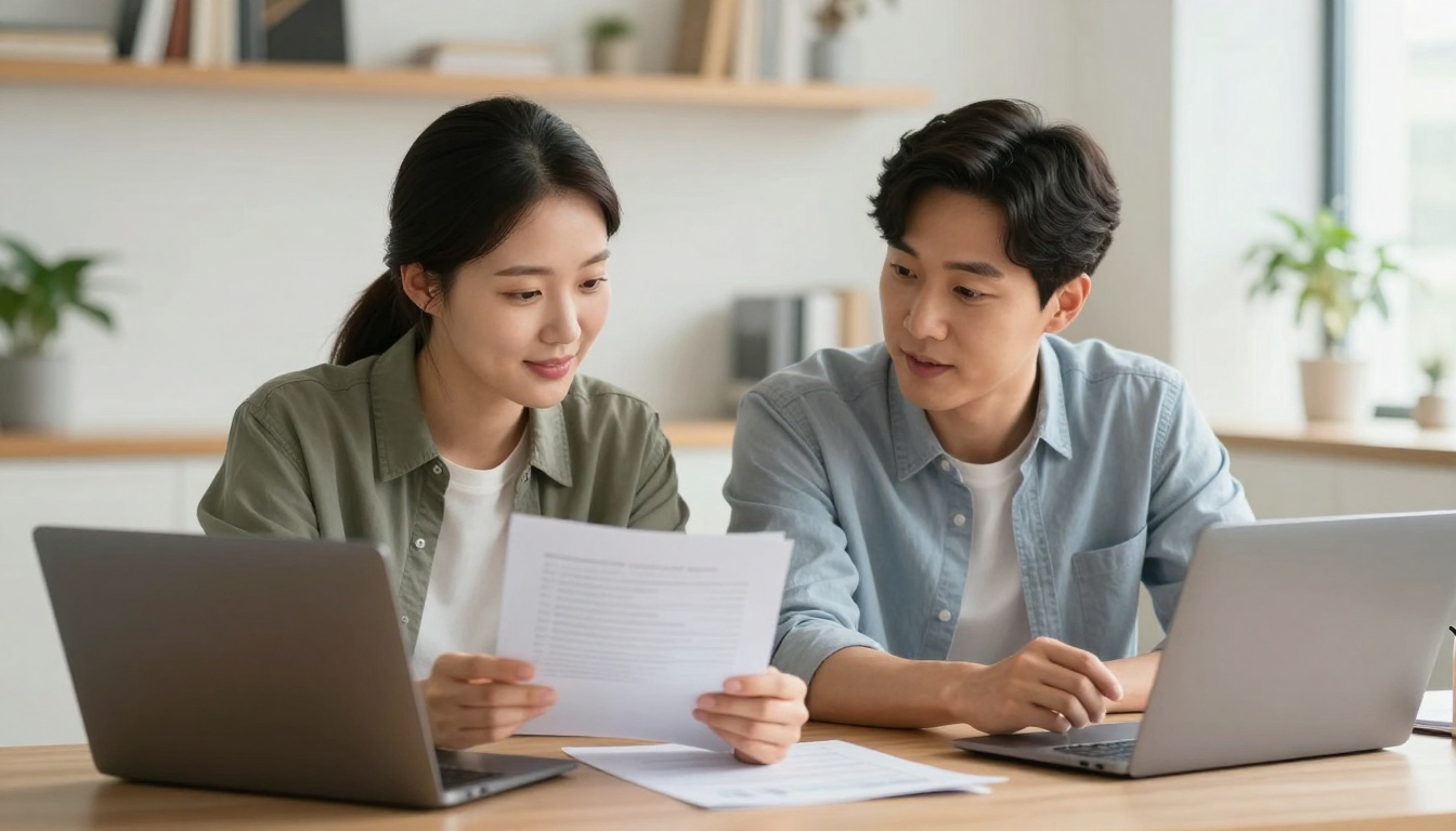 육아휴직 주담대 서류를 검토하며 재정 계획을 세우는 한국인 부부의 모습