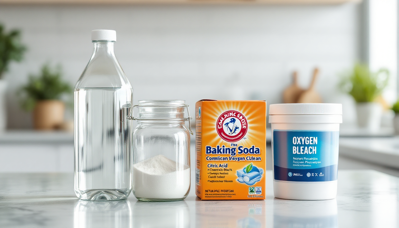 욕실 청소에 사용되는 천연세제인 식초, 구연산, 베이킹소다, 과탄산소다