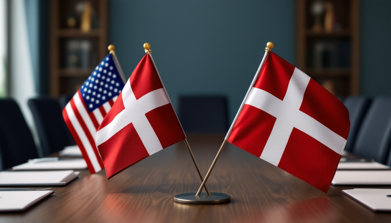 미국, 덴마크, 유럽 국기들이 외교적 대치 상황을 암시하는 회의실에 놓여있는 모습