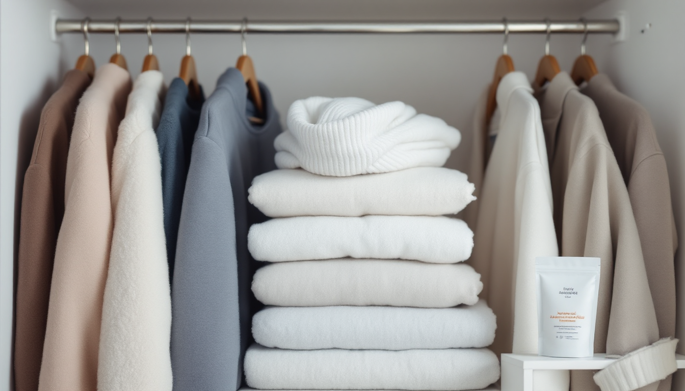 잘 관리되어 깨끗하고 정돈된 겨울 옷들로 채워진 옷장 내부