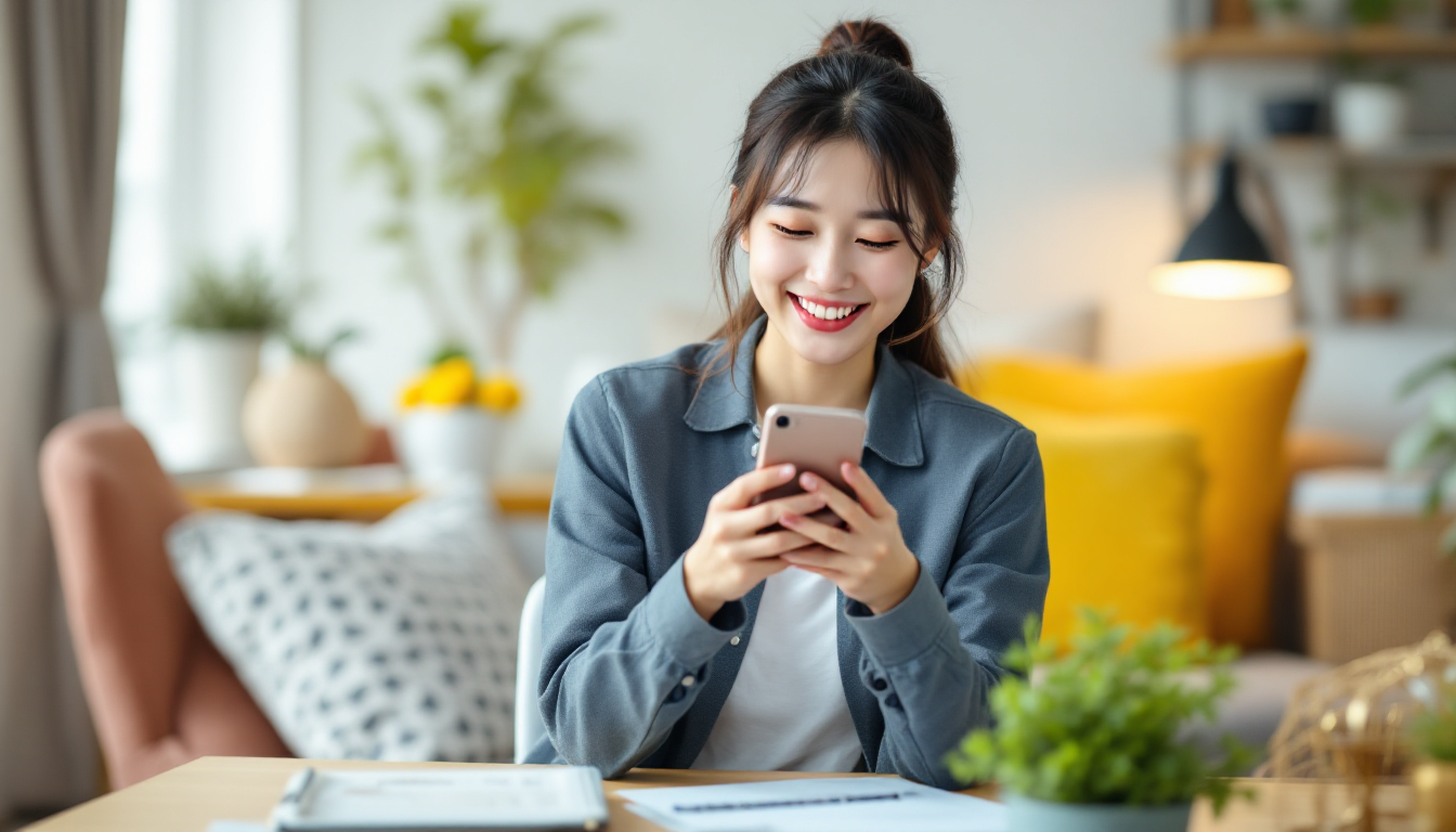 한국인 젊은 직장인이 밝고 깔끔한 방에서 스마트폰 앱으로 비대면 금융 계좌를 개설하는 모습, 간편한 시작을 상징함