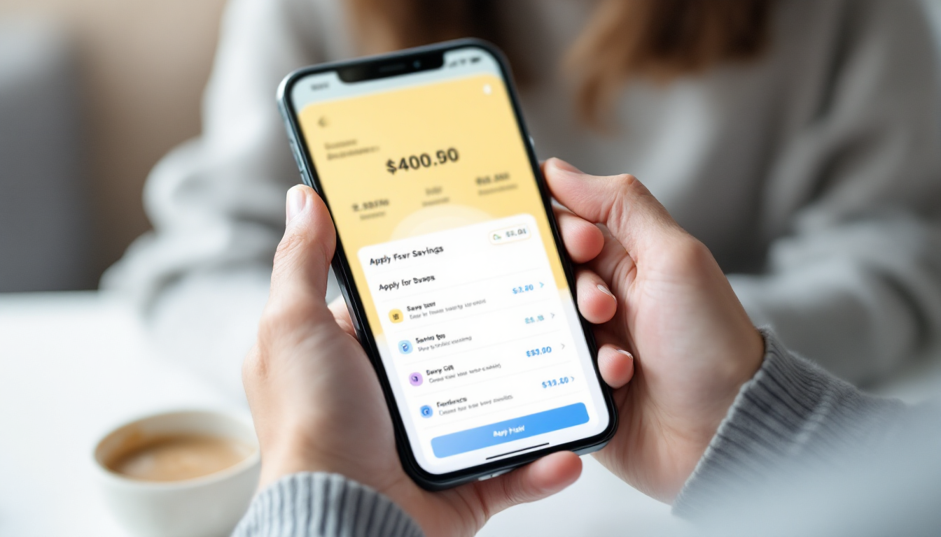 한국인의 손이 스마트폰 뱅킹 앱을 사용하여 적금 상품을 신청하는 모습.