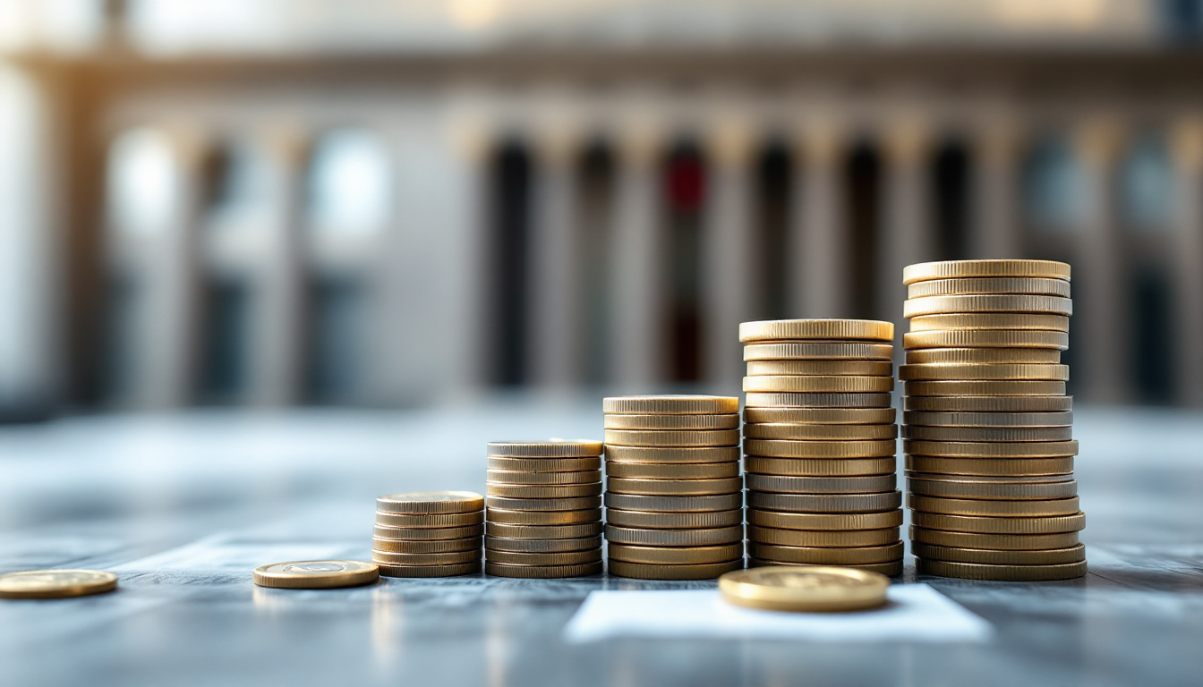 정부 지원을 받아 성장하는 한국 원화 지폐와 동전 더미가 강조된 금융 성장 이미지.