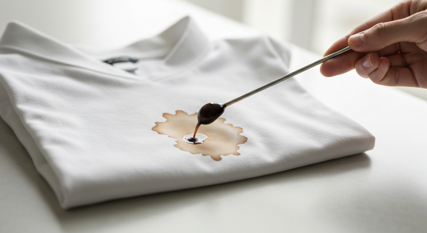 깨끗한 흰 셔츠 위에 갓 쏟은 듯한 커피 얼룩이 선명하게 묻어 있는 모습