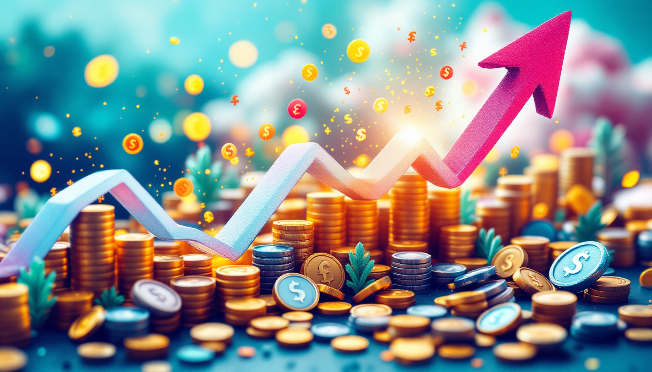 일반적인 금융 기호들에서 시작하여 가파르게 상승하는 역동적인 화살표 또는 그래프 선이 높은 이자율과 극대화된 수익률을 나타내는 이미지