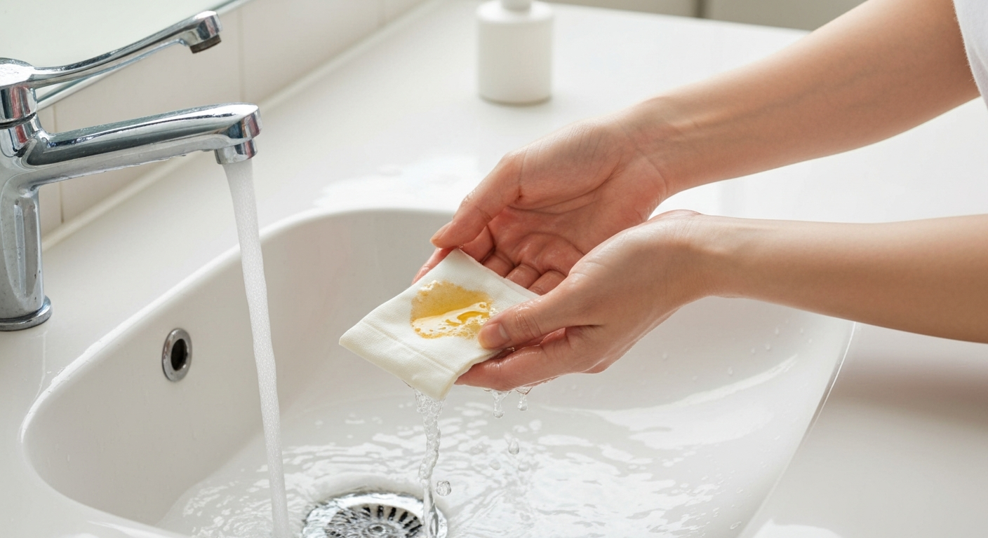 깨끗한 싱크대에서 한국인 여성이 기름 얼룩이 사라진 옷감을 미지근한 물에 부드럽게 헹구는 모습