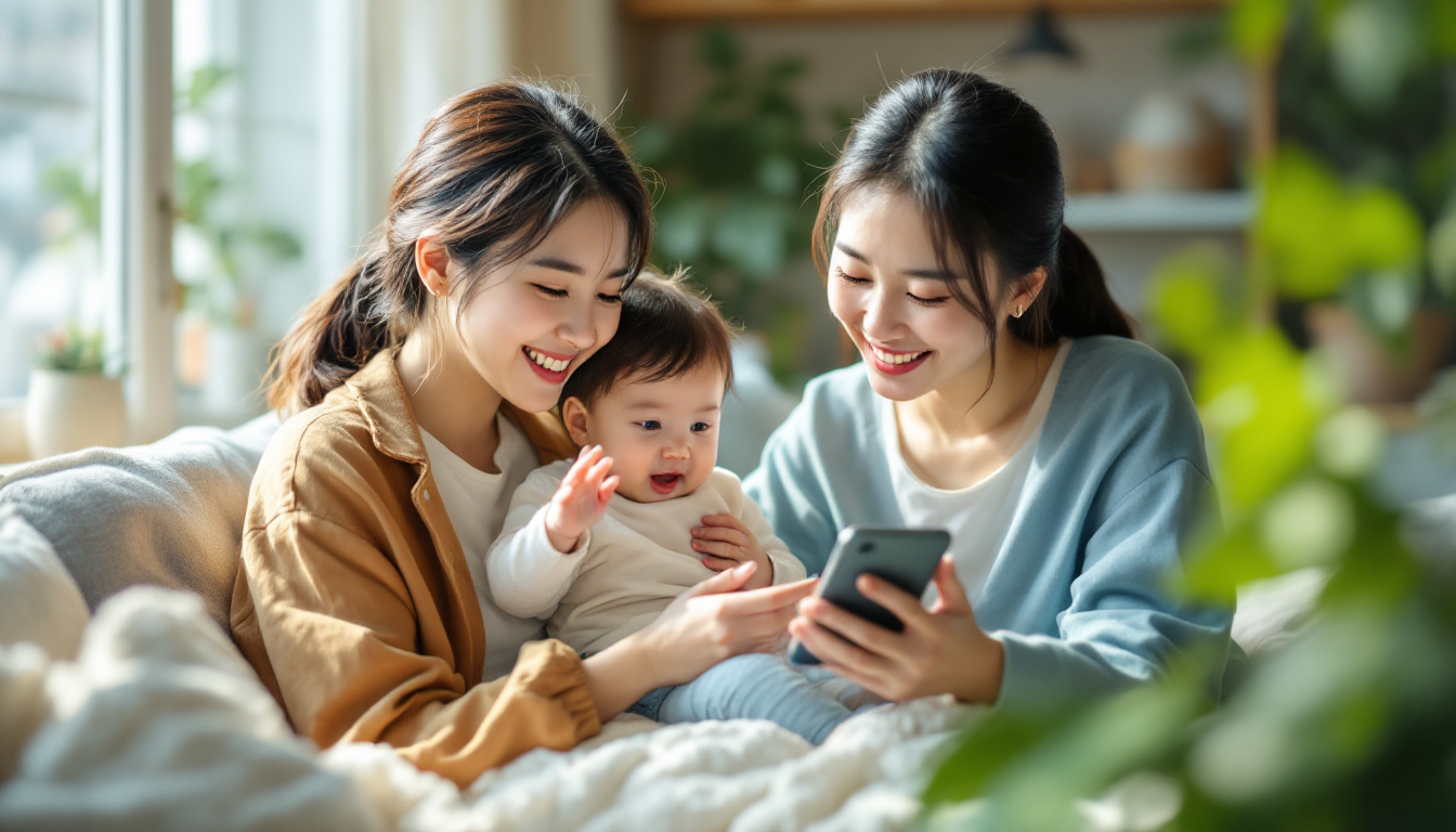 2026년 확대된 육아 및 출산 지원 정책을 체감하며 편리하게 모바일로 신청하는 한국의 엄마와 아이