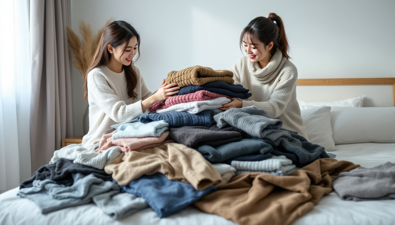 침대 위에 쌓인 겨울옷들을 정리하며 분류하는 한국 여성