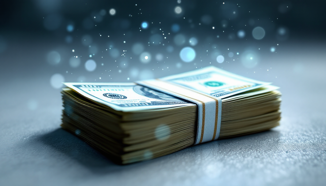 깔끔한 표면 위에 온전한 상태의 지폐 더미가 투명하고 반짝이는 보호막에 둘러싸여 세금으로부터 보호받고 있음을 상징하는 이미지