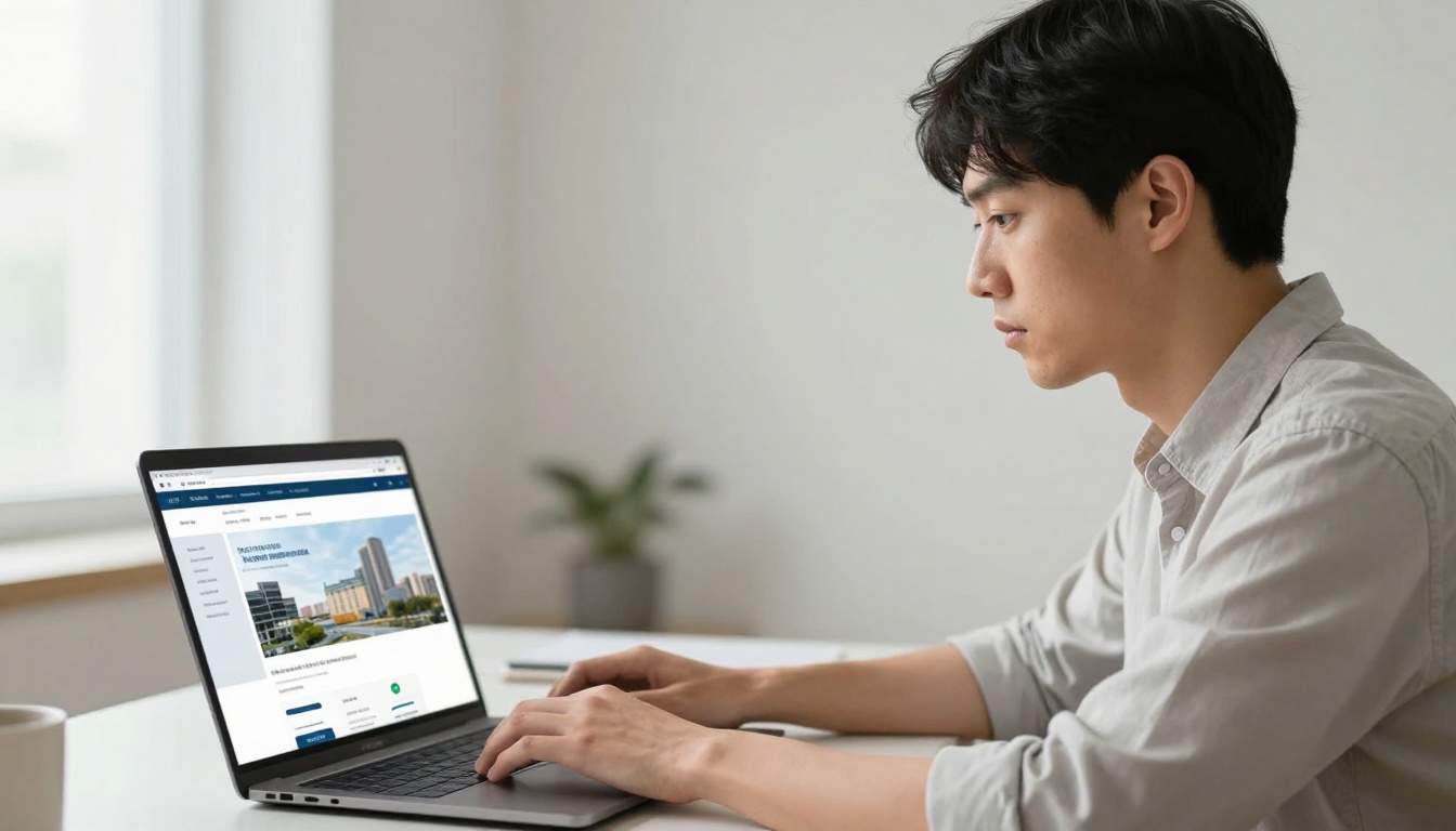 온라인 청약 신청 사이트를 보며 집중하는 한국인 남성