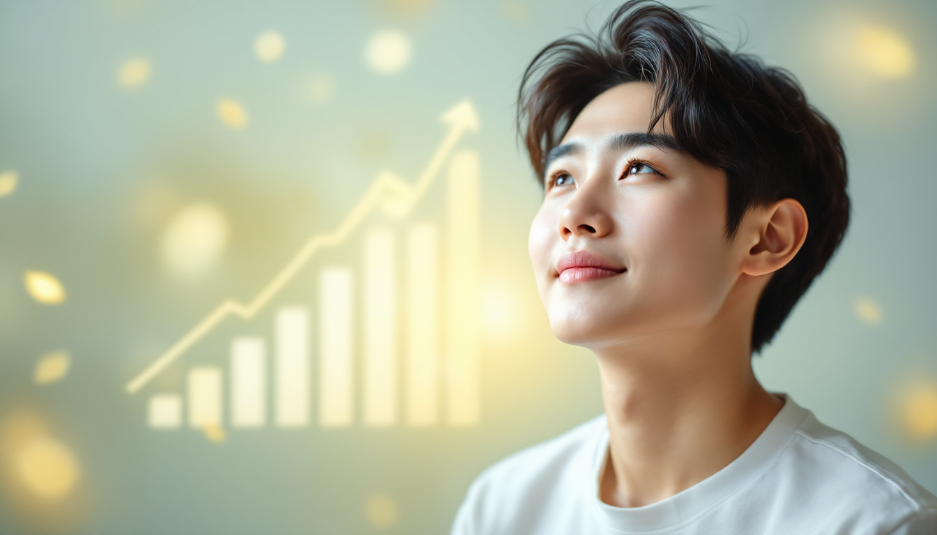 젊은 한국인이 밝은 미래를 바라보며 재정적인 안정과 성장하는 저축을 상징하는 배경 앞에 서 있는 모습.