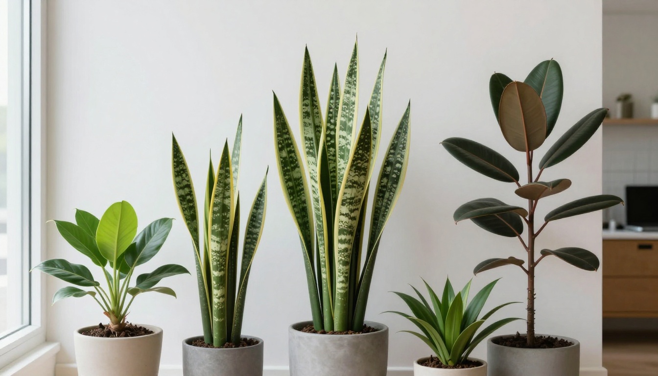 산세베리아, 스파티필름, 고무나무 등 다양한 공기 정화 식물들이 놓인 밝은 거실