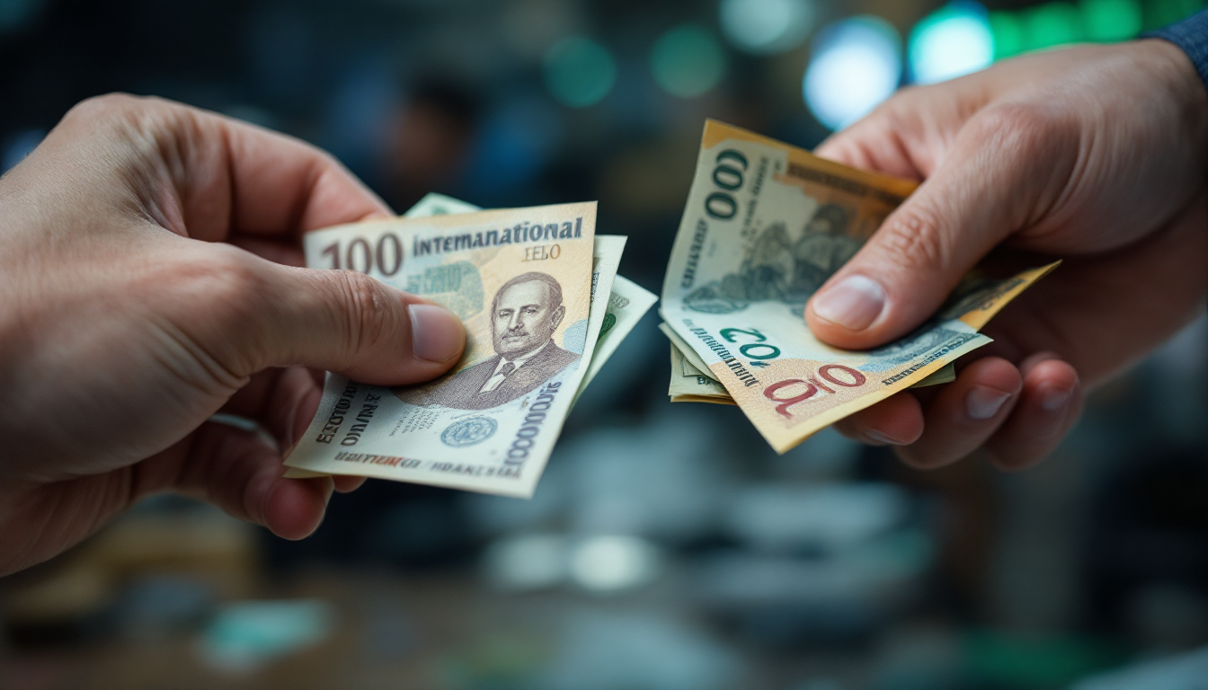 국제 통화 지폐와 동전들이 놓여있고 무역 긴장이 암시되는 경제적인 모습