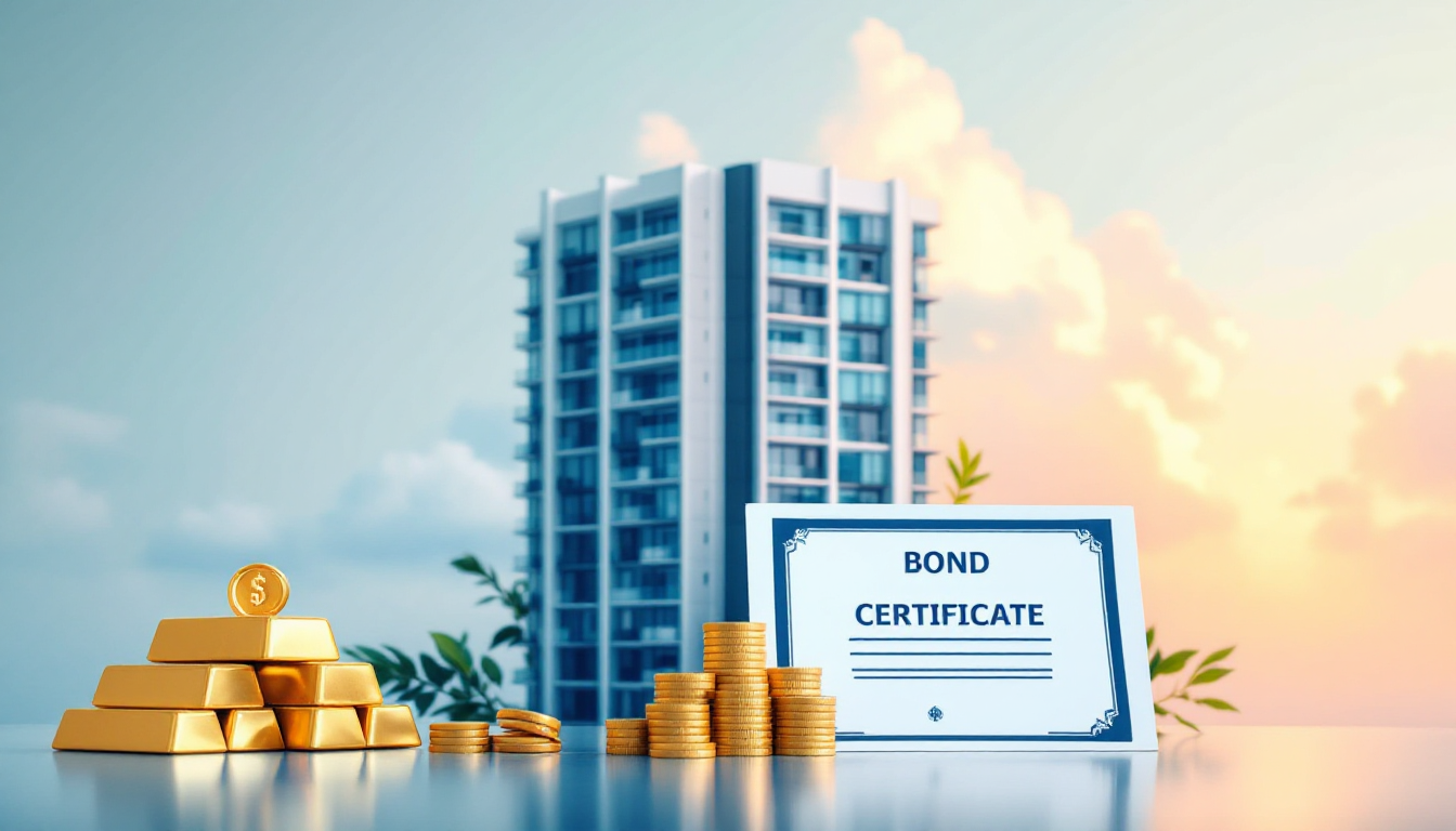 금괴, 채권 증서, 아파트 건물이 균형 있게 배치되어 다양한 자산으로 포트폴리오를 다각화하는 것을 상징.