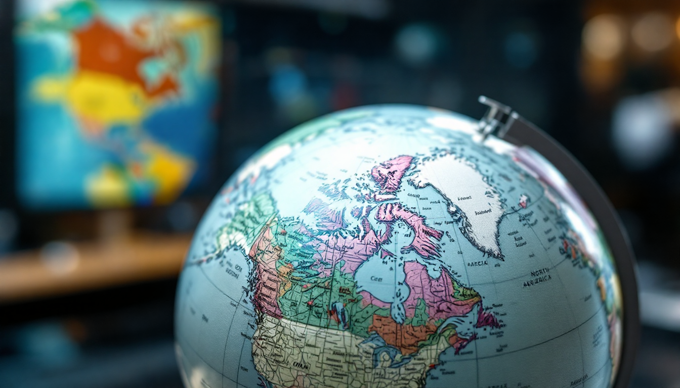 북미와 북극 지역이 강조된 지구본과 긴박한 분위기를 암시하는 배경