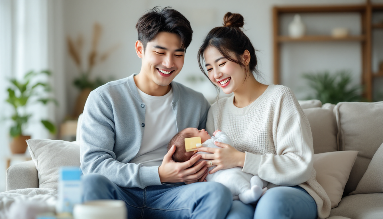 현대적이고 밝은 거실에서 행복하게 웃으며 신생아를 안고 있는 한국인 젊은 부부와 주변에 육아 용품 및 출산 지원금 카드가 놓여 있는 모습, 새 부모의 설렘과 기대를 표현