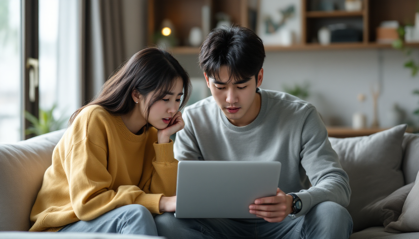 노트북 화면을 보며 재정 계획에 대해 고민하는 한국인 젊은 부부