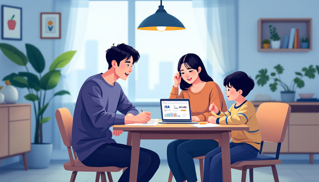 현대적인 한국 가정의 거실에서 부모와 10대 자녀가 모여 앉아 ISA 계좌 정보를 보며 재정 계획을 논의하는 모습