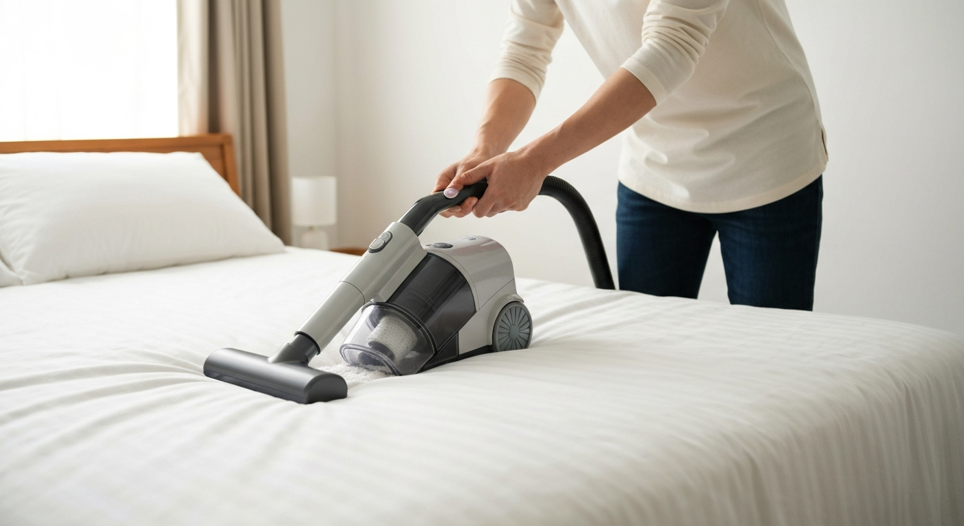 침대 위에서 진드기 전용 청소기를 사용하는 모습