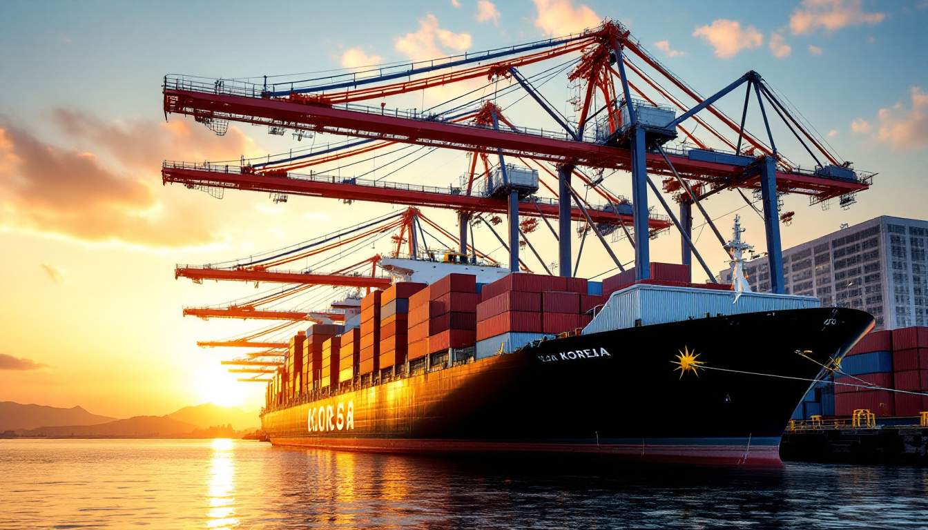 일출 무렵 한국의 현대적인 항구에서 컨테이너선들이 활발하게 무역 활동을 하는 모습