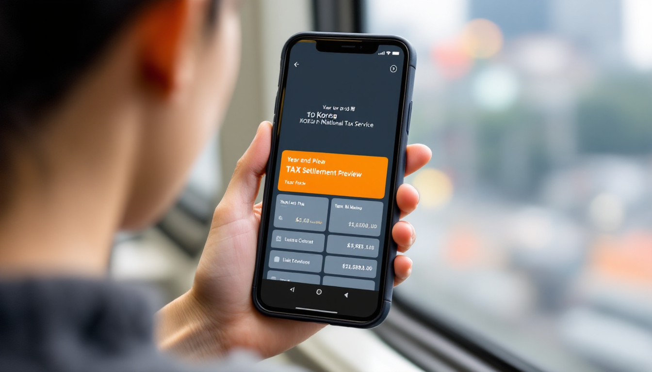 지하철에서 출퇴근 중인 사람이 손택스 앱으로 연말정산 미리보기 화면을 스마트폰에서 확인하는 모습